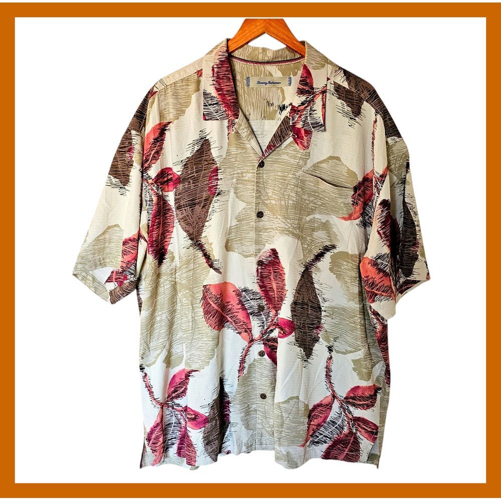 Tommy Bahama Men's Silk 2XL Tropical Leaf Hawaiian Short Sleev Button Down Shirt